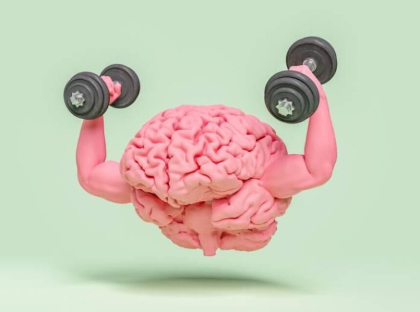 Un cerebro modificado con dos brazos, sosteniendo dos pesas como haciendo gym