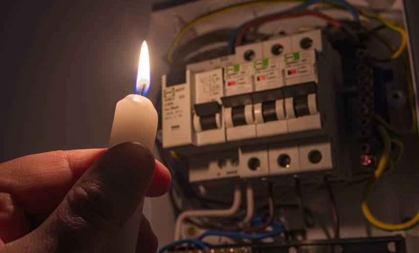 Mano de hombre en completa oscuridad sosteniendo una vela para investigar una caja de fusibles en casa durante un corte de energía. concepto de apagón.