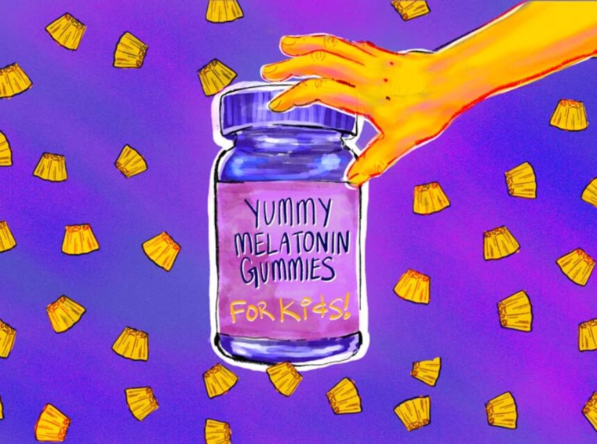 Imagen de gomitas para dormir de niños, mano toma un frasco de gomitas con melatonina.