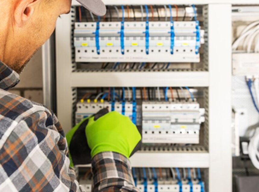 Hombre revisando la caja de energía de una instalación residencial