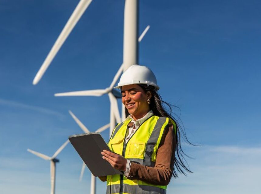 Una mujer con un chaleco de seguridad y un casco sosteniendo una tableta, detrás molinos de viento que generan energía llimpia.