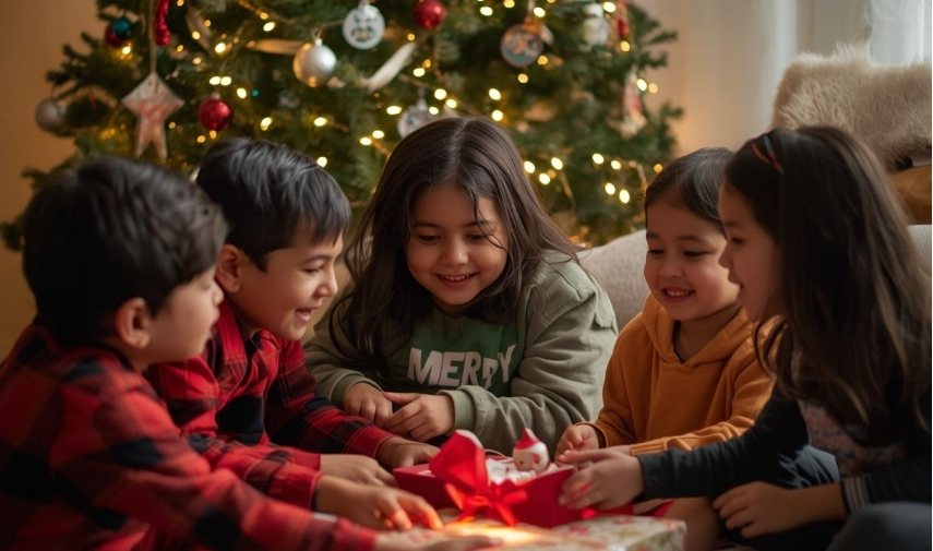 Niños participando en actividades navideñas que fomentan la generosidad y la amabilidad.